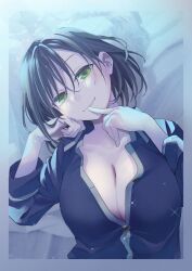Rule 34 | 1girl, amagami-san chi no enmusubi, amagami yae, asymmetrical bangs, black hair, blue pajamas, border, breasts, cleavage, commentary request, finger to mouth, gradient border, green eyes, grey border, hand on own cheek, hand on own face, highres, large breasts, long bangs, looking at viewer, lying, marcey, medium hair, official alternate hairstyle, on back, pajamas, second-party source, smile, solo