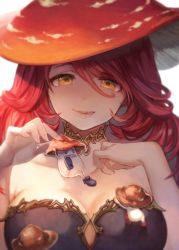 Rule 34 | 1girl, bare shoulders, blush, breasts, cleavage, large breasts, licking lips, lips, long hair, looking at viewer, mushroom, mushroom girl, original, personification, red hair, smile, solo, tomari (veryberry00), tongue, tongue out, upper body, yellow eyes