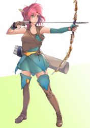 Rule 34 | 1girl, armor, armpit peek, arrow (projectile), bag, belt, boots, bow, breasts, chienon, feathers, final fantasy, final fantasy v, green eyes, headband, highres, lenna charlotte tycoon, pink hair, ranger (final fantasy), simple background, solo, weapon