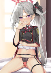 Rule 34 | 1girl, black flower, black jacket, black panties, blue archive, blush, bow, bow panties, clothes lift, commentary request, eyes visible through hair, flower, frilled skirt, frills, gluteal fold, grey hair, grin, groin, hair flower, hair ornament, hand up, highres, jacket, lifting own clothes, long hair, looking at viewer, mutsuki (blue archive), navel, niiya, panties, pointy ears, purple eyes, red skirt, shirt, short sleeves, side ponytail, skirt, skirt lift, smile, solo, underwear, very long hair, white shirt, window