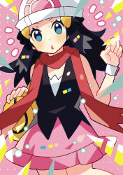 Rule 34 | 1girl, :o, anidler91, bag, bare shoulders, black hair, black shirt, blue eyes, creatures (company), dawn (pokemon), game freak, hair ornament, hairclip, hat, highres, long hair, looking at viewer, nintendo, open mouth, pink skirt, pokemon, pokemon dppt, red scarf, scarf, shirt, shoulder bag, skirt, sleeveless, sleeveless shirt, solo, white hat, yellow background