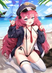 Rule 34 | 1girl, :d, absurdres, areola slip, bare shoulders, beach, bikini, black bikini, black hat, black jacket, blue archive, blue eyes, breasts, collarbone, day, fang, groin, halo, hands up, hat, highleg, highleg bikini, highres, iroha (blue archive), jacket, kneeling, long hair, long sleeves, looking at viewer, messy hair, nail polish, navel, necktie, no shoes, ocean, off shoulder, open clothes, open jacket, open mouth, outdoors, peaked cap, red hair, side-tie bikini bottom, skindentation, slingshot swimsuit, small breasts, smile, solo, stomach, string bikini, swimsuit, thigh strap, thighhighs, thighs, tia (4017342), very long hair, white thighhighs