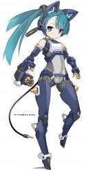 Rule 34 | 1girl, android, aqua eyes, aqua hair, audio jack, breasts, cable, cable tail, character name, commentary request, full body, gatling gun, highres, joints, karukan (monjya), long hair, mechanical ears, mechanical tail, ponytail, pygmalion, robot joints, shinrabanshou, small breasts, solo, tail, white background