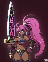 Rule 34 | 1girl, ahoge, bikini, blue bikini, breasts, brown background, cleavage, dark skin, earrings, elbow gloves, gloves, hand on own hip, high ponytail, highres, holding, holding sword, holding weapon, huge weapon, jewelry, large breasts, long hair, mabius, navel, original, pink hair, pixel art, pointy ears, simple background, solo, swimsuit, sword, thighhighs, very long hair, weapon
