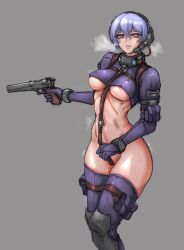 Rule 34 | 1girl, absurdres, arm pouch, blue hair, breasts, collar, covered erect nipples, cross swimsuit, crotch strap, gloves, grey collar, gun, handgun, headgear, highres, martyr (the citadel), medium breasts, navel, purple eyes, purple gloves, pussy juice, revealing clothes, ribs, shiny skin, short hair, simple background, sirpetus, skindentation, solo, standing, steaming body, swimsuit, the citadel, thighhighs, underboob, weapon