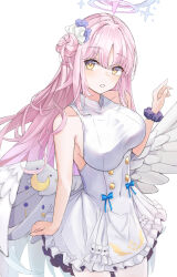 Rule 34 | 1girl, absurdres, blue archive, blush, breasts, deen (hnxp8555), dress, feathered wings, hair bun, halo, highres, large breasts, looking at viewer, looking to the side, mika (blue archive), pantyhose, pink hair, scrunchie, simple background, single side bun, sleeveless, sleeveless dress, solo, white background, white dress, white pantyhose, white wings, wings, wrist scrunchie, yellow eyes