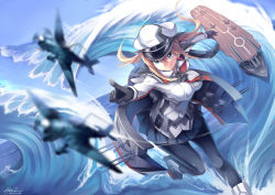 Rule 34 | 10s, 1girl, aircraft, airplane, blonde hair, blue eyes, capelet, gloves, graf zeppelin (kancolle), hat, kantai collection, long hair, mystic-san, pantyhose, peaked cap, skirt, solo, twintails, uniform