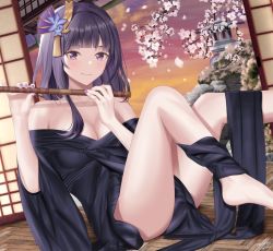Rule 34 | 1girl, bare legs, bare shoulders, blunt bangs, breasts, cleavage, closed mouth, dress, falling petals, feet out of frame, feet up, flute, genshin impact, holding, holding instrument, instrument, looking at viewer, medium breasts, mole, mole under eye, nail polish, nicoli3141, off-shoulder dress, off shoulder, petals, purple eyes, purple hair, purple nails, raiden shogun, sidelocks, sitting, smile