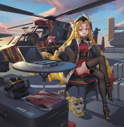 Rule 34 | 2girls, aircraft, animal, animal ears, arknights, black footwear, black gloves, blonde hair, breasts, chinese clothes, coat, gloves, green eyes, helicopter, high heels, highres, crossed legs, lin (arknights), medium breasts, multiple girls, official alternate costume, open mouth, pink hair, sima naoteng, sitting, smile, swire (arknights), swire (honor and splendor) (arknights), thighhighs, tiger ears, vehicle, war thunder, weapon, yellow eyes