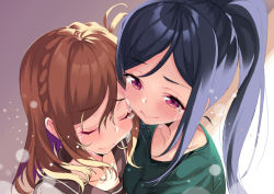 Rule 34 | 10s, 2girls, absurdres, blue hair, blush, braid, breasts, brown hair, closed eyes, closed mouth, collarbone, crown braid, crying, crying with eyes open, eyebrows, eyelashes, friends, hair between eyes, highres, kikimi, lens flare, light particles, long hair, looking at another, love live!, love live! school idol project, love live! sunshine!!, matsuura kanan, medium breasts, multiple girls, ohara mari, parted bangs, ponytail, portrait, purple eyes, sailor collar, shade, sidelocks, streaming tears, tears, wavy mouth, yuri