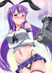 Rule 34 | 1girl, between breasts, blush, breast hold, breasts, cosplay, crossover, elbow gloves, gloves, kantai collection, kusaba, kusaba (kusabashiki), large breasts, long hair, microskirt, navel, necktie, necktie between breasts, panties, purple hair, red eyes, reisen udongein inaba, rensouhou-chan, shimakaze (kancolle), shimakaze (kancolle) (cosplay), skirt, socks, solo, striped clothes, striped socks, striped thighhighs, thighhighs, thong, touhou, underwear