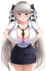 Rule 34 | 1girl, absurdres, alternate costume, azur lane, bespectacled, between breasts, black necktie, black ribbon, black skirt, bra, bra peek, breasts, center opening, cowboy shot, formidable (azur lane), gintokyhenry, glasses, grey hair, hair ribbon, hands on own hips, highres, huge breasts, long hair, looking at viewer, loose necktie, miniskirt, necktie, necktie between breasts, office lady, partially unbuttoned, pencil skirt, pink bra, red eyes, ribbon, semi-rimless eyewear, shirt, short sleeves, simple background, skirt, solo, taut clothes, taut shirt, twintails, underwear, very long hair, white background, white shirt