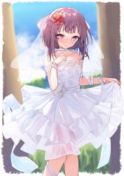 Rule 34 | 1girl, absurdres, alternate costume, arm ribbon, bare legs, bare shoulders, blue sky, blush, border, bow, bridal veil, bride, brown hair, choker, clothes pull, cloud, commission, commissioner upload, day, dress, fallenshadow, flat chest, flower, frilled dress, frills, hair bow, hair flower, hair ornament, hand on own chest, highres, holding, holding clothes, holding dress, indie virtual youtuber, leg ribbon, legs, looking down, medium hair, off shoulder, outdoors, petite, pink eyes, ribbon, ribbon choker, see-through, sidelocks, single wrist cuff, skeb commission, sky, smile, solo, sonoji, standing, strapless, strapless dress, sunlight, veil, virtual youtuber, waist bow, wedding, wedding dress, white border, white bow, white choker, white dress, white flower, white ribbon, wrist cuffs