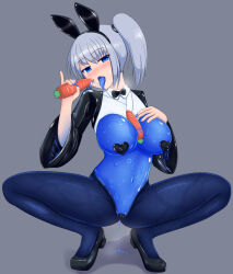 Rule 34 | between breasts, blue tongue, breasts, carrot, colored tongue, large breasts, monster girl, nail polish, pasties, ponytail, pussy juice, rethnick, slime girl, spread legs, squatting, sura shrine maiden