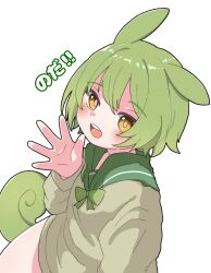 Rule 34 | 1girl, animal ears, black outline, bow, bowtie, green bow, green bowtie, green hair, green sailor collar, green shirt, hair between eyes, highres, long hair, looking at viewer, low ponytail, open mouth, outline, poroporosaburo, sailor collar, shirt, sidelocks, simple background, solo, voicevox, waving, white background, yellow eyes, zundamon