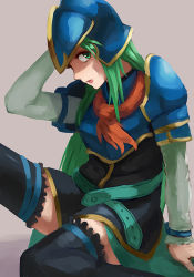 Rule 34 | 1girl, adjusting clothes, adjusting headwear, arm support, armor, belt, black thighhighs, breastplate, fire emblem, fire emblem: path of radiance, fire emblem: radiant dawn, green eyes, green hair, helm, helmet, long hair, long sleeves, looking at viewer, nephenee, nintendo, open mouth, profile, purple background, scarf, simple background, sitting, solo, thighhighs, traditional media, yasaidon, zettai ryouiki