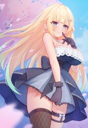 Rule 34 | 1girl, absurdres, aizawa ema, aizawa ema (1st costume), bare shoulders, blonde hair, blue dress, blue eyes, blunt bangs, blush, breasts, cherry blossoms, cleavage, closed mouth, cowboy shot, criss-cross halter, dangle earrings, dress, earrings, falling petals, fishnet thighhighs, fishnets, from below, gloves, gradient hair, halterneck, highres, jewelry, lace, lace-trimmed skirt, lace trim, large breasts, long hair, looking at viewer, multicolored hair, nokonata, outdoors, petals, pointing, pointing at self, short dress, sidelocks, single thighhigh, skirt, skirt hold, smile, solo, thigh strap, thighhighs, virtual youtuber, vspo!