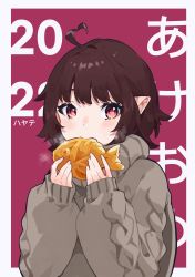 Rule 34 | 1girl, 2022, absurdres, ahoge, aran sweater, blush, brown hair, cable knit, copyright request, eating, food, grey background, grey sweater, hands up, hayate fish, heart, heart ahoge, highres, holding, holding food, long sleeves, looking at viewer, pointy ears, puffy long sleeves, puffy sleeves, red background, red eyes, short eyebrows, sleeves past wrists, solo, steam, sweater, taiyaki, thick eyebrows, translation request, turtleneck, turtleneck sweater, two-tone background, wagashi