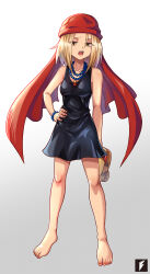 Rule 34 | 1girl, artist logo, bandana, bare legs, barefoot, beads, black dress, blonde hair, bracelet, breasts, dress, feet, female focus, full body, hand on own hip, highres, holding, holding shoes, jewelry, kyouyama anna, looking at viewer, medium hair, necklace, open mouth, prayer beads, red bandana, sandals, unworn sandals, shaman king, shoes, sleeveless, small breasts, teeth, teng zhai zi, toenails, toes, upper teeth only, yellow eyes