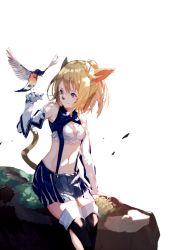 Rule 34 | 1girl, akiha (attract), animal, animal ears, arm up, bad id, bad pixiv id, bird, black thighhighs, blonde hair, blue eyes, blue skirt, boots, bra, breasts, closed mouth, elbow gloves, gloves, holding, holding animal, looking at another, medium breasts, midriff, navel, original, over-kneehighs, ponytail, simple background, sitting, skirt, smile, solo, suspender skirt, suspenders, tail, thigh boots, thighhighs, underwear, white background, white bra, white gloves