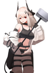 Rule 34 | 1girl, absurdres, arknights, bare shoulders, black choker, black gloves, bobby36446329, breasts, choker, commentary request, cowboy shot, crop top, gloves, hammer, highres, holding, holding hammer, holding weapon, horns, korean commentary, large breasts, long hair, long sleeves, looking at viewer, material growth, midriff, mudrock (arknights), navel, off shoulder, oripathy lesion (arknights), parted lips, pointy ears, red eyes, sarashi, silver hair, simple background, solo, sports bra, standing, stomach, weapon, white background