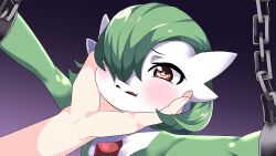 Rule 34 | 1girl, arms up, bdsm, blush, bob cut, bondage, bound, bound wrists, breasts, chain, colored skin, creatures (company), cuffs, disembodied limb, female focus, game freak, gardevoir, gen 3 pokemon, grabbing another&#039;s chin, gradient background, grapeanime, green hair, green skin, hair over one eye, hand on another&#039;s chin, multicolored skin, nintendo, one eye covered, open mouth, outstretched arms, pokemon, pokemon (creature), pov, purple background, raised eyebrows, red eyes, shackles, short hair, simple background, small breasts, solo focus, split mouth, spread arms, two-tone skin, upper body, white skin