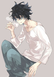 Rule 34 | 1boy, :q, bad id, bad pixiv id, bags under eyes, black eyes, black hair, cup, death note, l (death note), male focus, pants, sitting, steam, teacup, tongue, tongue out, toujou sakana