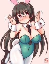 Rule 34 | 1girl, animal ears, artist logo, bare shoulders, between breasts, black hair, blue leotard, blush, breasts, choukai (kancolle), cleavage, covered navel, detached collar, embarrassed, fake animal ears, fake tail, glasses, gradient background, highleg, highleg leotard, kanon (kurogane knights), kantai collection, large breasts, leotard, long hair, looking at viewer, necktie, necktie between breasts, one-hour drawing challenge, pantyhose, pink background, playboy bunny, rabbit ears, rabbit tail, red eyes, rimless eyewear, solo, standing, standing on one leg, strapless, strapless leotard, tail, white pantyhose, wrist cuffs