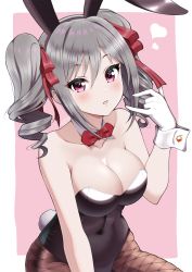 Rule 34 | 1girl, animal ears, black leotard, black pantyhose, blush, bow, bowtie, breasts, cleavage, collarbone, covered navel, detached collar, drill hair, fishnet pantyhose, fishnets, gloves, grey hair, hair ribbon, heart, highres, idolmaster, idolmaster cinderella girls, kanzaki ranko, large breasts, leotard, looking at viewer, m/, ookami maito, pantyhose, playboy bunny, rabbit ears, rabbit tail, red bow, red bowtie, red eyes, red ribbon, ribbon, simple background, skin tight, skindentation, solo, tail, twintails, two-tone background, white gloves, wrist cuffs
