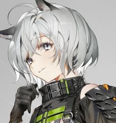 Rule 34 | 1girl, ahoge, animal ear fluff, animal ears, armor, black gloves, black jacket, cat ears, closed mouth, commentary, gloves, grey background, grey eyes, grin, hair between eyes, highres, jacket, looking at viewer, original, portrait, short hair, shoulder armor, shycocoa, silver hair, simple background, smile, solo, strap, symbol-only commentary