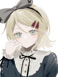 Rule 34 | 1girl, 25-ji rin, bad id, bad twitter id, blonde hair, blue dress, blush, bow, closed mouth, collar, dress, expressionless, eyelashes, frilled collar, frilled sleeves, frills, green eyes, grey bow, hair bow, hair ornament, hairband, hairclip, half-closed eyes, hand on own cheek, hand on own face, head rest, highres, kagamine rin, looking at viewer, maca1227, muted color, neck ribbon, pale skin, project sekai, ribbon, serious, short hair, solo, swept bangs, vocaloid