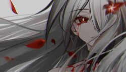 Rule 34 | 1girl, acheron (honkai: star rail), black choker, blood, bloody tears, body markings, choker, closed mouth, falling petals, flower, hair over one eye, highres, honkai: star rail, honkai (series), long hair, looking at viewer, petals, portrait, red eyes, red flower, remirii, simple background, solo, white hair