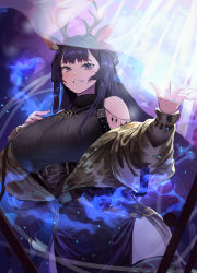 Rule 34 | 1girl, animal ears, antlers, arknights, aura, black sweater, black thighhighs, blush, breasts, brown jacket, closed mouth, commentary, cowboy shot, curtains, deer ears, grin, hand on own chest, horns, huge breasts, jacket, jewelry, large breasts, light rays, lips, long hair, looking at viewer, mannouyakunta, material growth, necklace, off shoulder, open clothes, open jacket, oripathy lesion (arknights), outstretched hand, pelvic curtain, purple hair, ribbed sweater, sleeveless, sleeveless sweater, smile, solo, straight hair, sweater, teeth, thighhighs, thighs, tsukinogi (arknights), turtleneck, turtleneck sweater