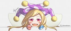 Rule 34 | 1girl, absurdres, blonde hair, blush, chibi, clownpiece, fairy, fairy wings, gloves, hat, highres, jester cap, long hair, looking at viewer, open mouth, pink eyes, polka dot, polka dot headwear, purple hat, smile, solo, star (symbol), star print, striped clothes, touhou, transparent wings, white background, wings