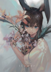 Rule 34 | 1girl, absurdres, amiya (arknights), animal ears, arknights, blue eyes, brown hair, choker, closed mouth, commentary, english commentary, english text, flower, hair between eyes, highres, holding, holding flower, long hair, looking at viewer, pink flower, rabbit ears, shirt, short sleeves, solo, upper body, white shirt, zygocactus