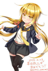 Rule 34 | 10s, 1girl, armband, black skirt, black thighhighs, blonde hair, blue jacket, crescent, crescent pin, dated, highres, jacket, kantai collection, long hair, long sleeves, looking at viewer, low twintails, navel, necktie, omoomomo, satsuki (kancolle), satsuki kai ni (kancolle), school uniform, serafuku, simple background, skirt, smile, solo, thighhighs, translation request, twintails, twitter username, uniform, v, white background, yellow eyes, yellow necktie, zettai ryouiki