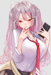 Rule 34 | 1girl, azur lane, breasts, cellphone, cleavage, clothes around waist, earrings, finger to mouth, grey background, grey hair, gyaru, jacket, jacket around waist, jewelry, looking at viewer, multicolored hair, nail polish, necktie, partially unbuttoned, phone, pleated skirt, prinz eugen (azur lane), red nails, school uniform, schreibe shura, simple background, skirt, smartphone, streaked hair, tongue, tongue out