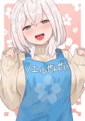 Rule 34 | 1girl, absurdres, alternate costume, apron, blue apron, blush, braid, breasts, brown sweater, green eyes, highres, hololive, large breasts, long sleeves, looking at viewer, open mouth, shirogane noel, short hair, sleeves past wrists, smile, solo, sweater, teeth, tonarikeru, tongue, translated, virtual youtuber, white hair