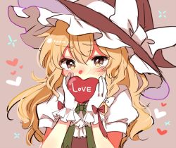Rule 34 | 1girl, black hat, black vest, blonde hair, blush, bow, box, braid, covering own mouth, gloves, hair between eyes, hair bow, hat, hat bow, heart-shaped box, holding, holding box, kirisame marisa, long hair, looking at viewer, paragasu (parags112), puffy short sleeves, puffy sleeves, short sleeves, shy, single braid, solo, touhou, upper body, vest, wavy hair, white bow, white gloves, witch hat, yellow eyes