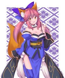 Rule 34 | 10s, 1girl, animal ears, bare shoulders, blue thighhighs, bow, breasts, cleavage, collarbone, detached sleeves, fate/extra, fate/grand order, fate (series), fox ears, fox shadow puppet, fox tail, hair bow, hair ribbon, japanese clothes, large breasts, looking at viewer, mitsu masaya, open mouth, pink hair, ribbon, solo, tail, tamamo (fate), tamamo no mae (fate/extra), thighhighs, yellow eyes