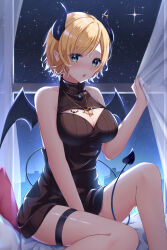 Rule 34 | 1girl, absurdres, black dress, blonde hair, blue eyes, blush, breast tattoo, breasts, cleavage, cleavage cutout, clothing cutout, demon girl, demon horns, demon tail, dress, gold necklace, heart, heart necklace, heart tattoo, highres, hololive, horns, jewelry, large breasts, looking at viewer, mira bluesky3, necklace, night, night sky, official alternate costume, open mouth, pointy ears, short hair, sky, star (sky), starry sky, tail, tail around own leg, tattoo, thigh strap, turtleneck, turtleneck dress, virtual youtuber, winged heart tattoo, yuzuki choco, yuzuki choco (streetwear)