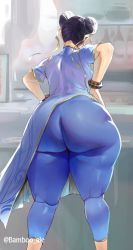 Rule 34 | 1girl, absurdres, ass, bambooale, black hair, brown eyes, capcom, chinese clothes, chun-li, curvy, double bun, from behind, hands on own hips, heart, highres, huge ass, pants, plump, short sleeves, solo, street fighter, street fighter 6, thick thighs, thighs, tight clothes, tight pants, wide hips