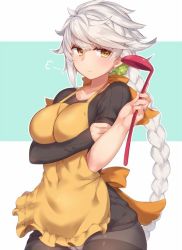 Rule 34 | &gt;:), 10s, 1girl, alternate costume, apron, asymmetrical hair, bad id, bad twitter id, black shirt, blush, braid, breast press, breasts, cleavage, collarbone, covered navel, crop top, hair ornament, jitome, kantai collection, large breasts, light smile, long hair, long sleeves, looking at viewer, panties, panties under pantyhose, pantyhose, pokoten (pokoten718), ribbed shirt, scrunchie, shirt, silver hair, single braid, sleeve rolled up, smile, smug, solo, two-tone background, underwear, unryuu (kancolle), upper body, v-shaped eyebrows, very long hair, yellow eyes