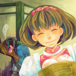 Rule 34 | 1boy, 1girl, bob cut, brown hair, closed eyes, closed mouth, commentary request, facing viewer, flik (suikoden), food, gensou suikoden, gensou suikoden ii, hairband, happy, lowres, nanami (suikoden), short hair, smile