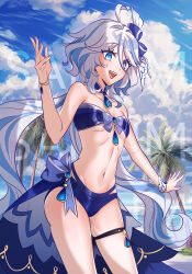 Rule 34 | 1girl, :d, absurdres, ahoge, bandeau, bare arms, bare shoulders, beach, bikini, blue bikini, blue bow, blue eyes, blue hair, blue sky, bow, breasts, cloud, commentary, cowboy shot, day, detached collar, english commentary, furina (genshin impact), genshin impact, hair bow, hand up, highres, long hair, looking at viewer, multicolored hair, navel, no headwear, ocean, open mouth, outdoors, palm tree, safium, sky, small breasts, smile, solo, standing, stomach, strapless, strapless bikini, streaked hair, swimsuit, thigh strap, thighs, tree, very long hair, water, white hair, wrist cuffs