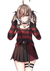 Rule 34 | 1girl, absurdres, ahoge, belt, black choker, black skirt, black sweater, brown eyes, brown hair, choker, double v, emo fashion, hair over one eye, hair ribbon, heart, heart choker, highres, hololive, hololive english, huge ahoge, looking at viewer, multicolored hair, nanashi mumei, nanashi mumei (emo), o-ring, o-ring thigh strap, official alternate costume, panpanmc4, plaid, plaid skirt, pleated skirt, red skirt, red sweater, ribbon, skirt, streaked hair, striped clothes, striped sweater, sweater, sweater partially tucked in, thigh strap, torn clothes, torn sweater, twintails, two-tone sweater, v, virtual youtuber