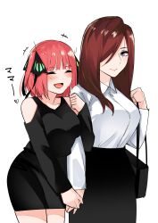 Rule 34 | 2girls, :d, ^ ^, absurdres, bag, bare shoulders, black bag, black ribbon, black shirt, black skirt, blue eyes, blunt bangs, blush, breasts, brown hair, butterfly hair ornament, closed eyes, closed mouth, commentary request, cowboy shot, dress shirt, go-toubun no hanayome, hair ornament, hair over one eye, hair ribbon, hand up, handbag, happy, heart, highres, holding hands, large breasts, lips, long hair, long sleeves, looking at another, mame1645, medium hair, miniskirt, mother and daughter, multiple girls, nakano nino, nakano rena, one eye covered, open mouth, pencil skirt, red hair, ribbon, shirt, skirt, smile, standing, straight hair, two side up, white shirt