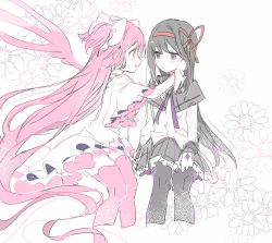Rule 34 | 2girls, akemi homura, black hair, black pantyhose, blush, capelet, closed mouth, commentary request, cropped legs, dot nose, dress, expressionless, floral background, flower, gloves, hair ribbon, hand on another&#039;s cheek, hand on another&#039;s face, happy, kaname madoka, long dress, long hair, long sleeves, looking at another, mahou shoujo madoka magica, mahou shoujo madoka magica (anime), multiple girls, open mouth, pantyhose, pink hair, pink legwear, pipi o (pipioo08), profile, purple capelet, purple eyes, red ribbon, ribbon, simple background, sitting, smile, soul gem, straight hair, talking, thighhighs, two side up, ultimate madoka, very long hair, white background, white dress, white gloves, wide sleeves, wings, zettai ryouiki