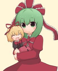 Rule 34 | 2girls, bad id, bad pixiv id, blonde hair, bow, closed eyes, dress, female focus, front ponytail, green eyes, green hair, hair bow, hair ribbon, himegi, kagiyama hina, medicine melancholy, mini person, minigirl, multiple girls, open mouth, ribbon, touhou