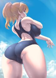 Rule 34 | 1girl, ass, back, back cutout, blonde hair, blue one-piece swimsuit, blue sky, blush, breasts, clothing cutout, cloud, cloudy sky, cowboy shot, dd (ijigendd), grey eyes, highres, large breasts, one-piece swimsuit, original, ponytail, short hair, short ponytail, sky, solo, swimsuit